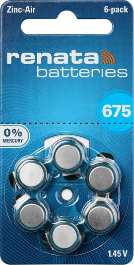 ZA675 hallókészülék elem, cink-levegő, 1,4V, 660 mAh, 6 db, Renata ZA675, PR44
