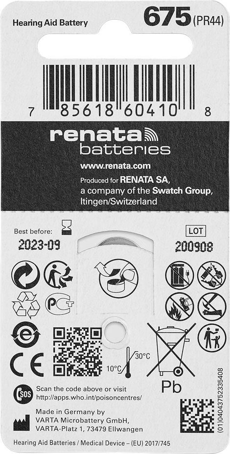 ZA675 hallókészülék elem, cink-levegő, 1,4V, 660 mAh, 6 db, Renata ZA675, PR44 2. kép