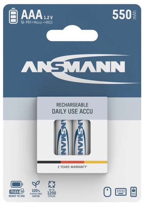 Mikroceruza akku AAA NiMH, 1,2V 550 mAh, 4 db, Ansmann maxE HR3, HR03, UO100557, DC2400, DC2400B4N,  10. kép