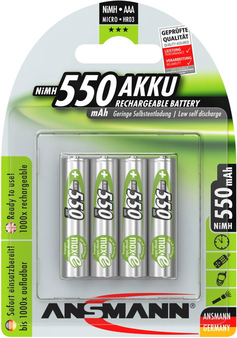 Mikroceruza akku AAA NiMH, 1,2V 550 mAh, 4 db, Ansmann maxE HR3, HR03, UO100557, DC2400, DC2400B4N,  4. kép