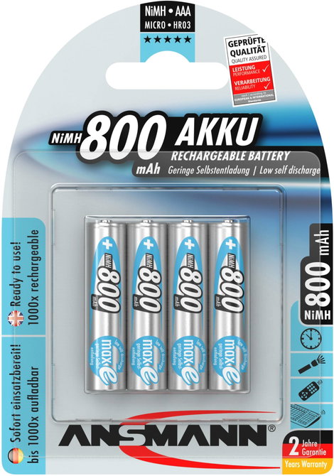 Mikroceruza akku AAA NiMH, 1,2V 800 mAh, 4 db, Ansmann maxE HR3, HR03, UO100557, DC2400, DC2400B4N, 10. kép