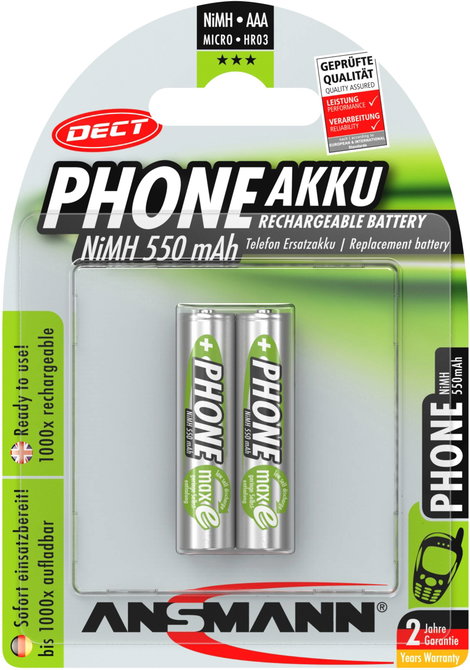 Mikroceruza akku AAA NiMH, 1,2V 550 mAh, 2 db, Ansmann Dect maxE HR3, HR03, UO100557, DC2400, DC2400 5. kép