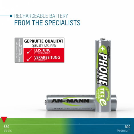 Mikroceruza akku AAA NiMH, 1,2V 550 mAh, 2 db, Ansmann Dect maxE HR3, HR03, UO100557, DC2400, DC2400 7. kép