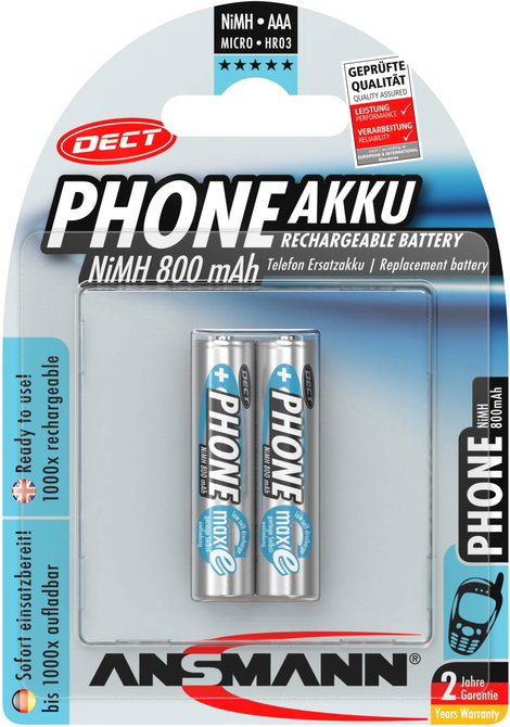 Mikroceruza akku AAA NiMH, 1,2V 800 mAh, 2 db, Ansmann Dect maxE HR3, HR03, UO100557, DC2400, DC2400 6. kép