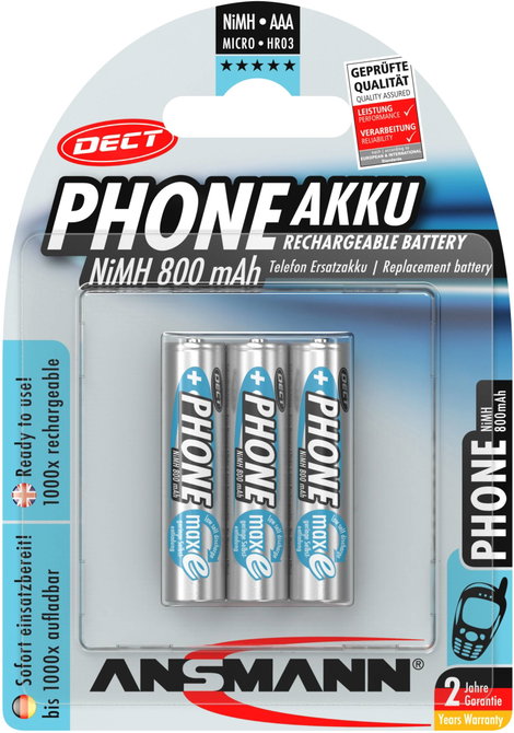 Mikroceruza akku AAA NiMH, 1,2V 800 mAh, 3 db, Ansmann Dect maxE HR3, HR03, UO100557, DC2400, DC2400 6. kép