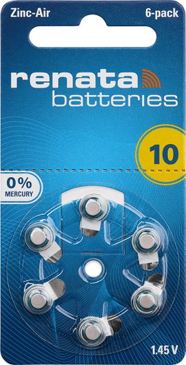 ZA10 hallókészülék elem, cink-levegő, 1,4V, 105 mAh, 6 db, Renata ZA10, PR70