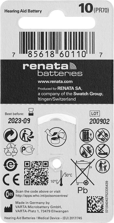 ZA10 hallókészülék elem, cink-levegő, 1,4V, 105 mAh, 6 db, Renata ZA10, PR70 2. kép