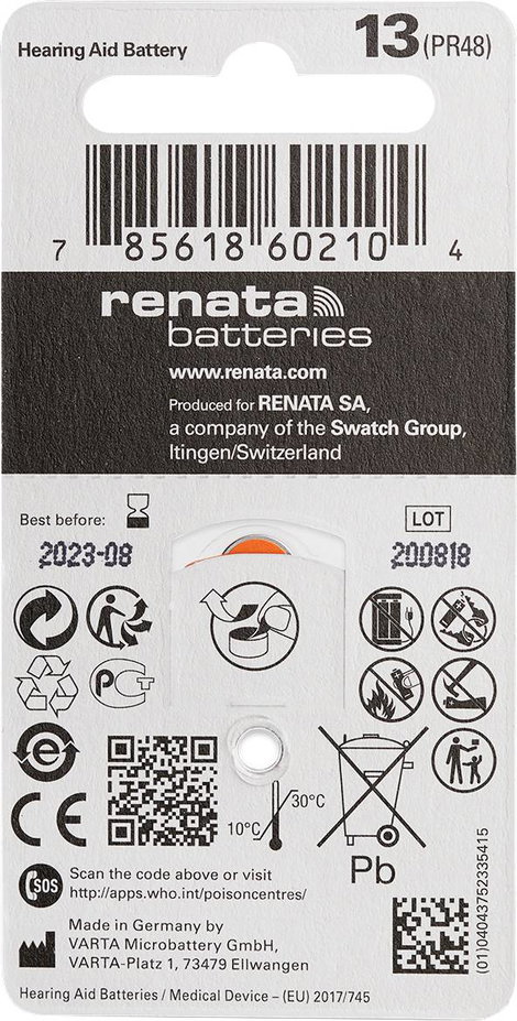 ZA13 hallókészülék elem, cink-levegő, 1,4V, 305 mAh, 6 db, Renata ZA13, PR48 2. kép