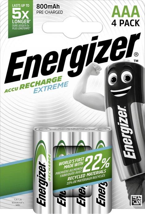 Mikroceruza akku AAA NiMH, 1,2V 800 mAh, 4 db, Energizer Extreme HR3, HR03, UO100557, DC2400, DC2400