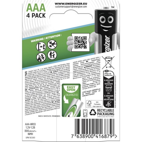 Mikroceruza akku AAA NiMH, 1,2V 800 mAh, 4 db, Energizer Extreme HR3, HR03, UO100557, DC2400, DC2400 2. kép