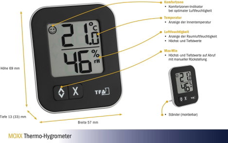 Levegő hőmérséklet és páratartalom mérő higrométer TFA MOXX 30.5026.01 3. kép