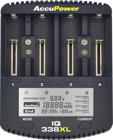 AccuPower IQ338XL Hengeres akku töltő NiCd, NiMH, Lítiumion 10340, 10350, 10440, 10500, 12500, 12650 2. kép
