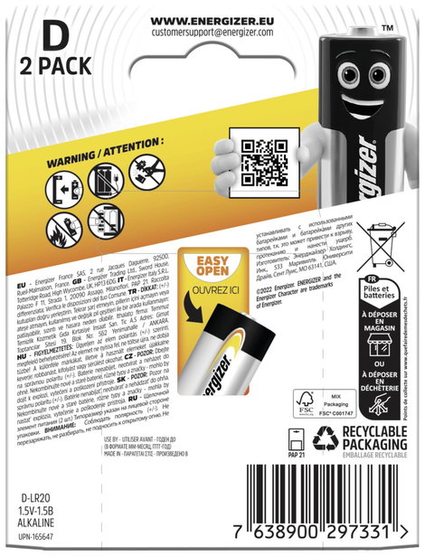 Góliát elem D, alkáli mangán, 1,5V, 2 db, Energizer Power LR20, D, AM1, XL, MN1300, 813, E95, LR20N, 2. kép