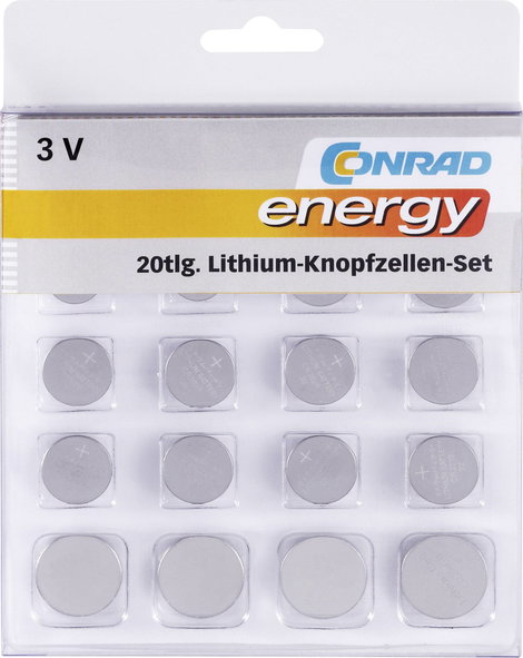 Lítium gombelem készlet, 20 db, Conrad Energy 2xCR1025/CR1620/CR1632/CR2016/CR2430/CR2450, 4xCR2025/