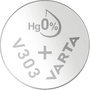 303 gombelem, ezüstoxid, 1,55V, 160 mAh, Varta SR44SW, SR44, SR1154, V303, D303, A, 280‑08, SB‑A9, R bélyegkép