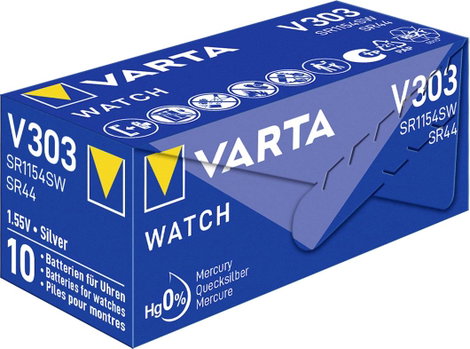 303 gombelem, ezüstoxid, 1,55V, 160 mAh, Varta SR44SW, SR44, SR1154, V303, D303, A, 280‑08, SB‑A9, R 3. kép