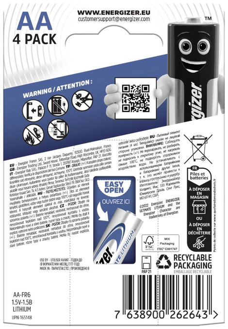 Lítium ceruzaelem AA 1,5V 3000 mAh 4 db, Energizer Ultimate LR06, AA, LR6, AAB4E, AM3, 815, E91, LR6 5. kép