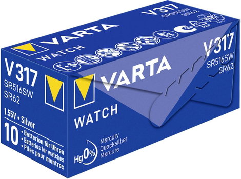 317 gombelem, ezüstoxid, 1,55V, 12 mAh, Varta SR516SW, SR62, SR516, V317, D317, 616, CA, 280‑58, SB‑ 3. kép