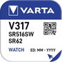 317 gombelem, ezüstoxid, 1,55V, 12 mAh, Varta SR516SW, SR62, SR516, V317, D317, 616, CA, 280‑58, SB‑ 4. bélyegkép