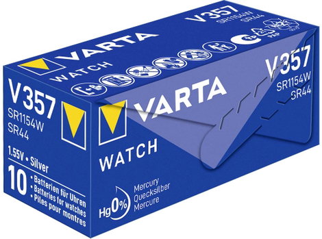 357 gombelem, ezüstoxid, 1,55V, 145 mAh, Varta SR44W, SR44, SR1154, V357, D357, 228, J, 280‑62, SB‑B 3. kép