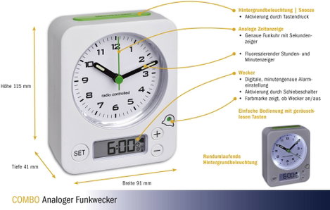 TFA Dostmann 60.1511.02 Rádiójel vezérlésű Ébresztőóra Fehér Fluoreszkáló Mutató 2. kép