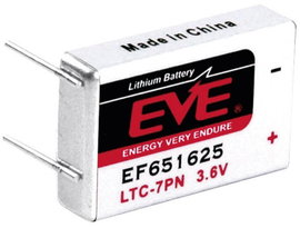 LTC-7PN lítium elem, forrasztható, 3,6V 750 mAh, 25,8 x 16,85 x 14,6 mm, EVE EF651625