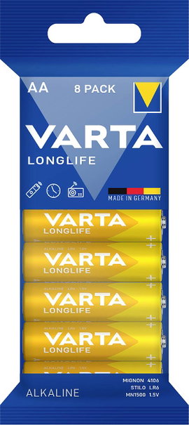 Ceruzaelem AA, alkáli mangán, 1,5V, 8 db, Varta Longlife LR06, AA, LR6, AAB4E, AM3, 815, E91, LR6N