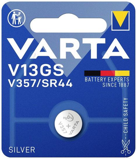 V 13 GS gombelem, ezüstoxid, 1,55V, 155 mAh, Varta 357, 303, V76PX, SR44W, SR44, SR1154, D357, RW42, 2. kép