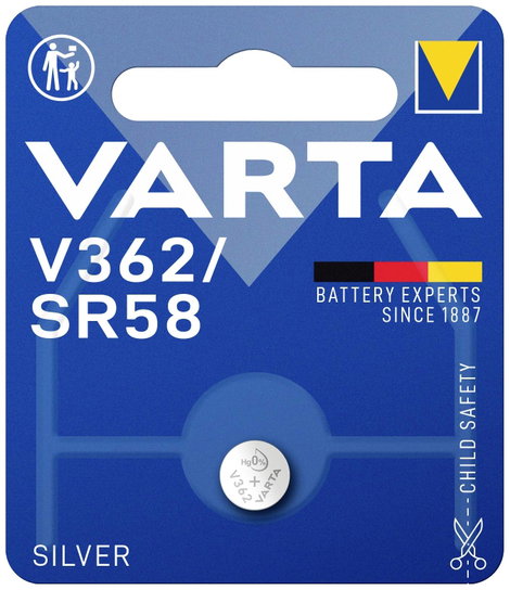 362 gombelem, ezüstoxid, 1,55V, 21 mAh, Varta SR721SW, SR58, SR721, V362, D362, 601, S, 280-29, SB-A 2. kép