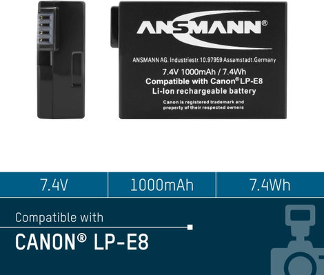 LP-E8 Canon kamera akku 7,4V 1000 mAh, Ansmann 5. kép
