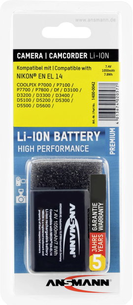 EN-EL14 Nikon kamera akku 7,4V 1000 mAh, Ansmann