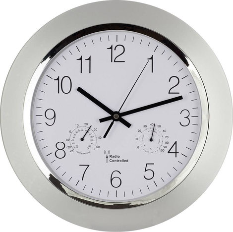 Analóg rádiójel vezérelt falióra, pára-/hőmérővel, Ø 34 cm