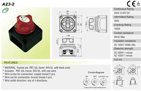 Gépjármű akkukapcsoló 12 V/DC, 50 V/DC 200 A 1 x KI/BE Reteszelő TRU COMPONENTS TC-A23-2 IP54 7. kép