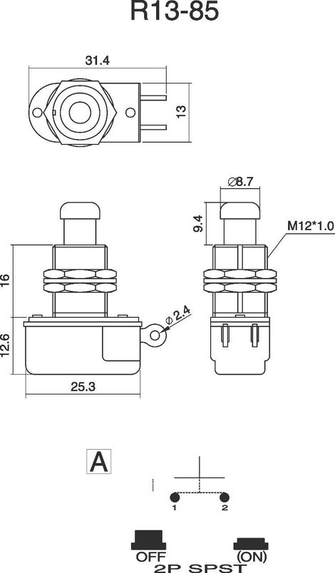 Nyomógomb 250 V/AC 3 A 1 x KI/(BE) TRU COMPONENTS TC-R13-85A-05 Nyomó 2. kép