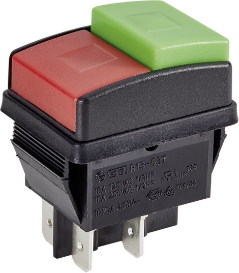 Nyomógomb 250 V/AC 10 A 2 x KI/BE TRU COMPONENTS TC-R13-537A B/R/G Reteszelő