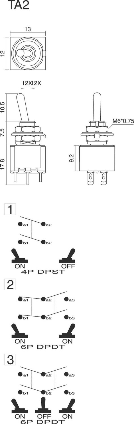 Karos billenőkapcsoló 250 V/AC 3 A 2 x BE/KI/BE TRU COMPONENTS TC-TA203G1 Reteszelő/0/reteszelő 2. kép