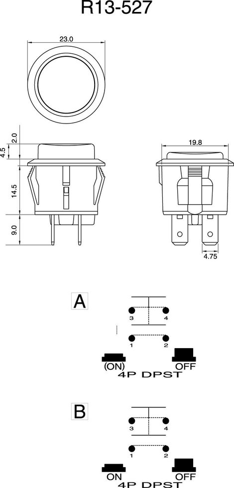 Nyomógomb 250 V/AC 6 A 1 x KI/(BE) TRU COMPONENTS TC-R13-527A-02BK Nyomó 2. kép