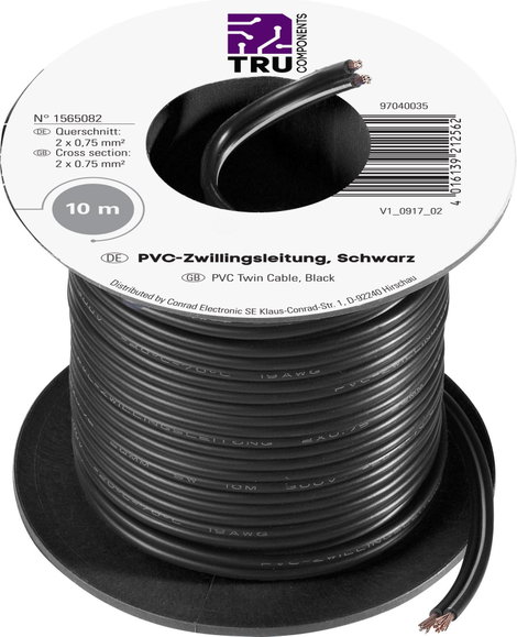 PVC huzal 2 x 0,75 mm², fekete, 10 m, Tru Components