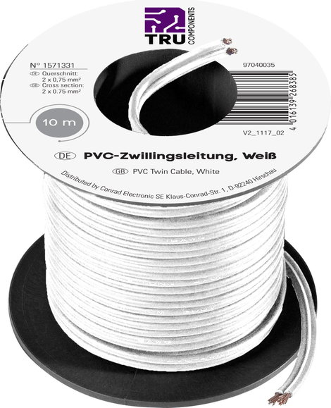 PVC huzal 2 x 0,75 mm², fehér, 10 m, Tru Components