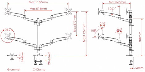 4 részes monitor tartó, asztalra szerelhető, gáznyomásos technikával, C csíptetővel, Xergo Flex 5. kép