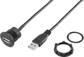 Beépíthető USB aljzat, USB 2.0 A aljzat - USB A dugó, 1,5 m, fekete, Tru Components