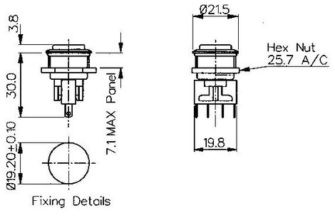 Vandálbiztos nyomógomb, 250V/AC, 5A, Bulgin MP0031/2 2. kép