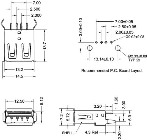 Beépíthető USB aljzat, USB 2.0 aljzat A, 180°, Tru Components TC-A-USB A-TOP-203 3. kép