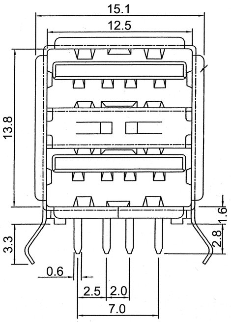 Nyákba forrasztható dupla USB aljzat, Tru Components TC-A-USB A-2P-203 4. kép