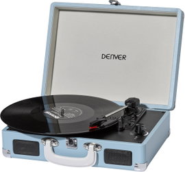 Retro koffer lemezjátszó, USB-s bakelit lemezjátszó beépített digitalizálóval, kék színű Denver VPL-