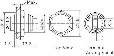 Vandálbiztos nyomógomb 16 mm, 2A/48VDC, nikkel, Tru Components 701802 3. kép