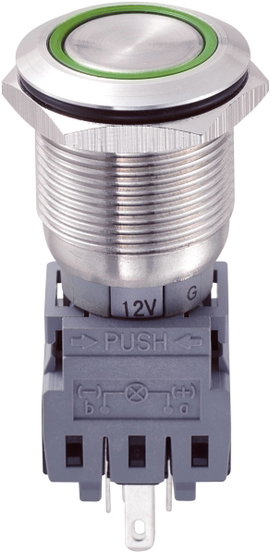 Vandálbiztos nyomókapcsoló, 19 mm, 5A/250VAC, zöld gyűrű, Tru Components 701918