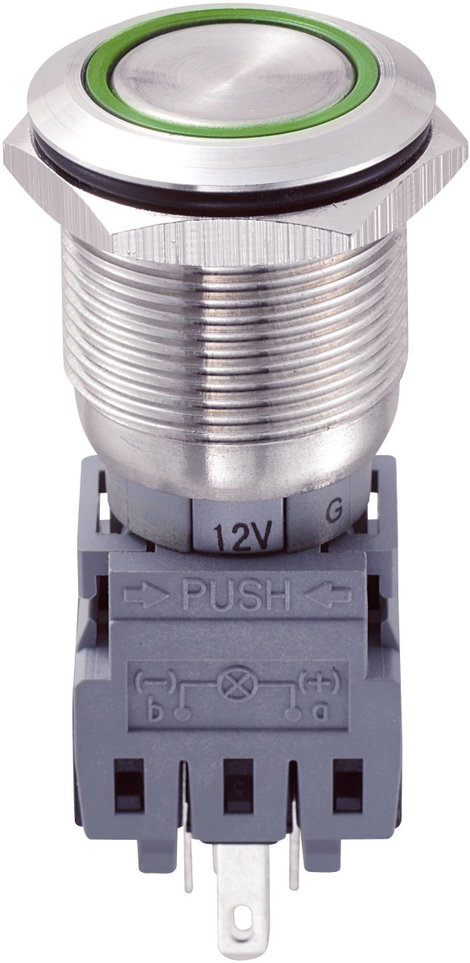 Vandálbiztos nyomókapcsoló, 19 mm, 5A/250VAC, zöld gyűrű, Tru Components 701918