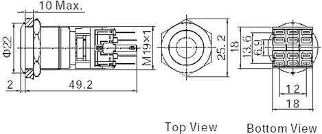 Vandálbiztos nyomókapcsoló, 19 mm, 5A/250VAC, zöld gyűrű, Tru Components 701918 2. kép