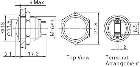 Vandálbiztos nyomógomb 16 mm, 2A/48VDC, nikkel, Tru Components 701934 3. kép